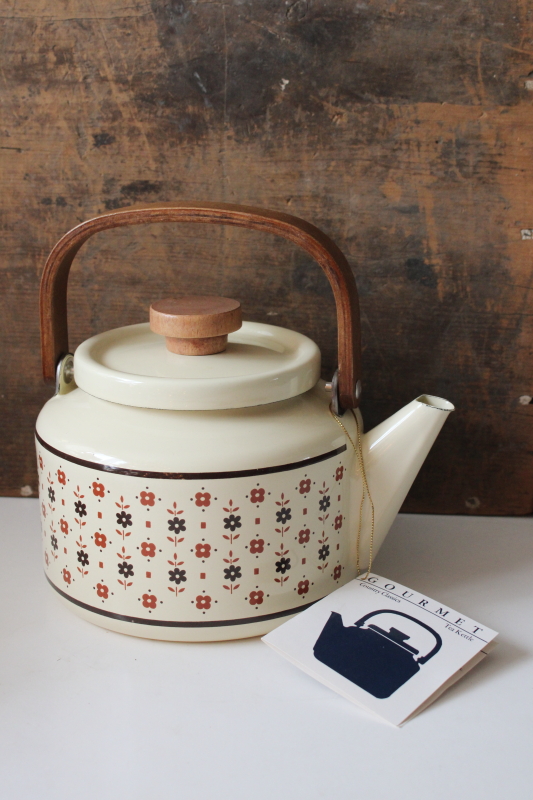 photo of new w/ tag 80s vintage tea kettle, prairie cottage sprig floral print enamel w/ wood handle  #1