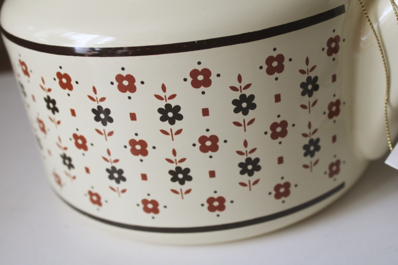 photo of new w/ tag 80s vintage tea kettle, prairie cottage sprig floral print enamel w/ wood handle  #7