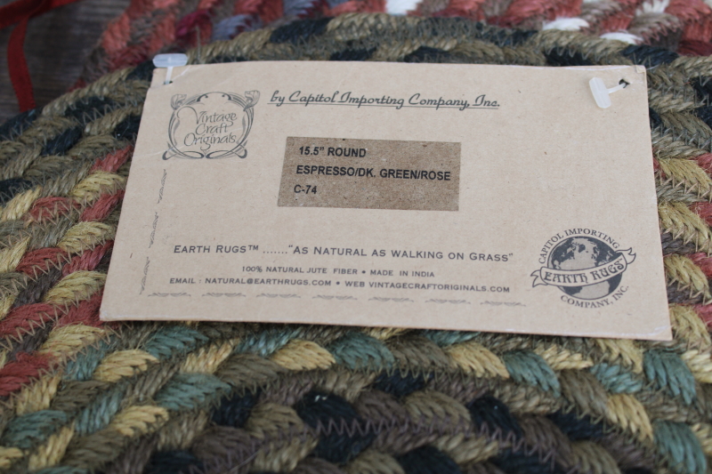 photo of new w/ tags braided jute chair seat pads, two round mats deep green & barn red  #2