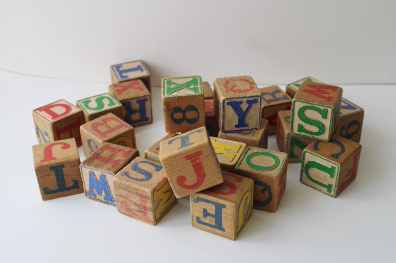 photo of nice big old wooden alphabet blocks, vintage wood alphabet blocks lot #1