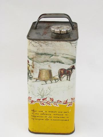 photo of nice old metal can for Maple Syrup, color litho sugaring scene illustration #2