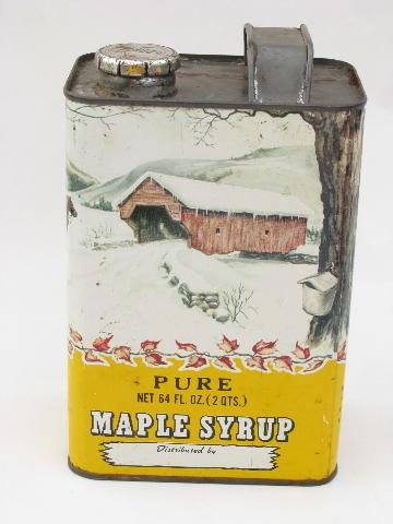 photo of nice old metal can for Maple Syrup, color litho sugaring scene illustration #3