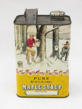 catalog photo of nice old metal can for Maple Syrup, color litho sugaring scene illustration