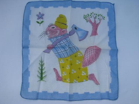 photo of novelty print cotton child's handkerchiefs, vintage childrens hanky lot #5