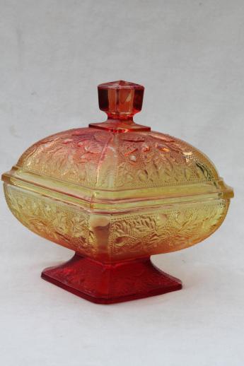 photo of oak leaf & acorn pattern glass box in fall colors, red & gold amberina #2