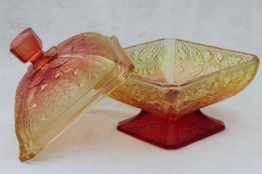 photo of oak leaf & acorn pattern glass box in fall colors, red & gold amberina #3