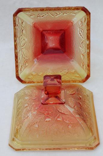 photo of oak leaf & acorn pattern glass box in fall colors, red & gold amberina #4