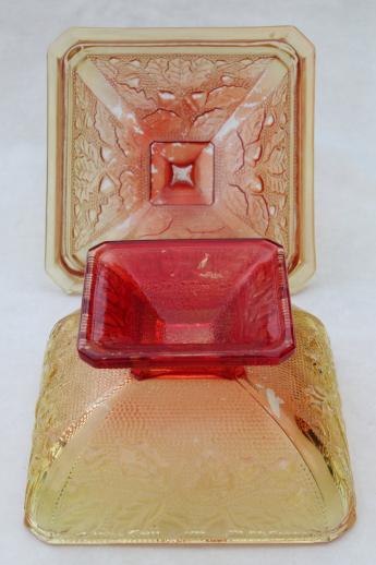 photo of oak leaf & acorn pattern glass box in fall colors, red & gold amberina #5