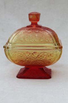 catalog photo of oak leaf & acorn pattern glass box in fall colors, red & gold amberina