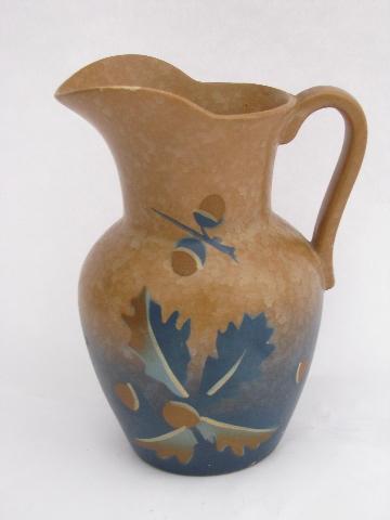 photo of oak leaf & acorn, vintage stencil painted matte pottery pitcher, England #1