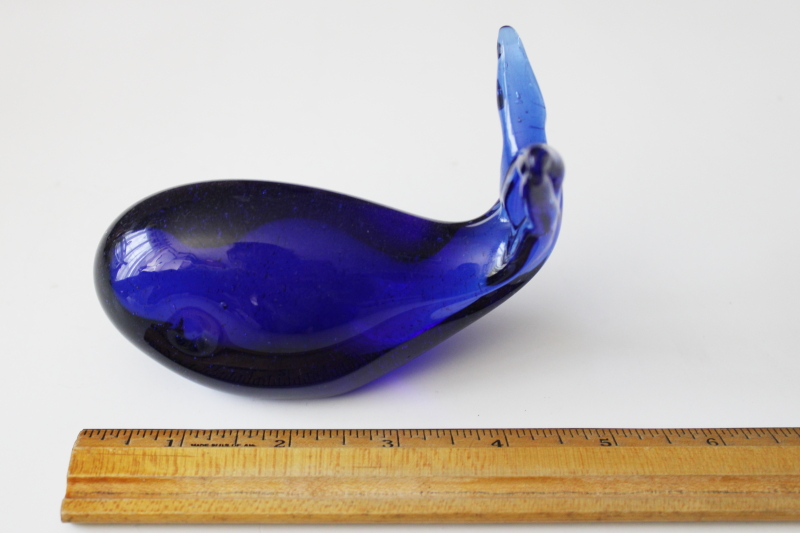 photo of ocean blue hand blown glass whale paperweight figurine, vintage cobalt glass #1