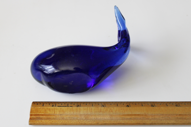 photo of ocean blue hand blown glass whale paperweight figurine, vintage cobalt glass #2