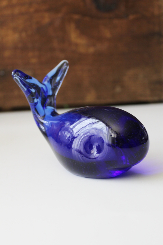 photo of ocean blue hand blown glass whale paperweight figurine, vintage cobalt glass #4