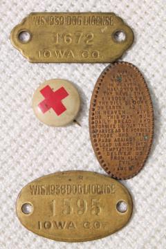 catalog photo of odd lot of tiny old pin & stamped metal tags for mixed media altered art collections
