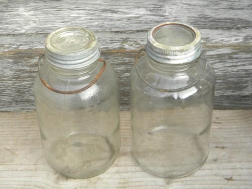 photo of old 1930s vintage glass storage canister jars with lids & wire handles #1