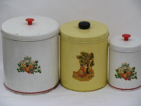 photo of old 1940's - 50's metal kitchen canister tins, vintage decals #1