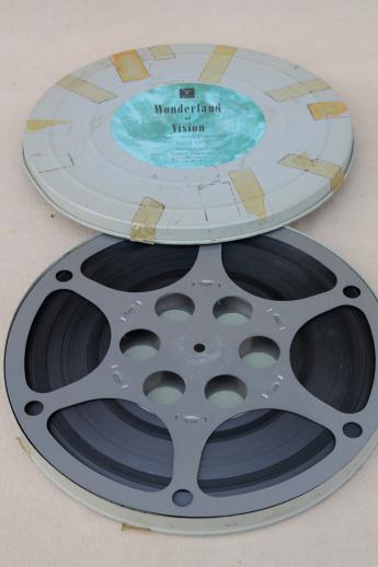 photo of old 1950s 16mm movie film reels w/ mailing cases vintage shipping labels photo props #2