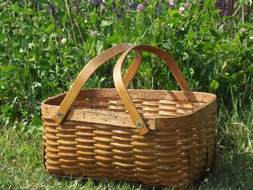 photo of old 1950s vintage wood splint picnic basket hamper w/ wooden handles #1