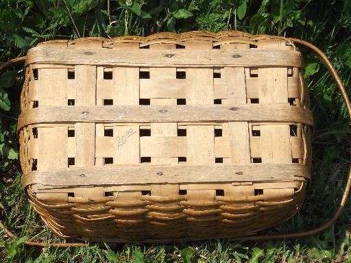 photo of old 1950s vintage wood splint picnic basket hamper w/ wooden handles #5