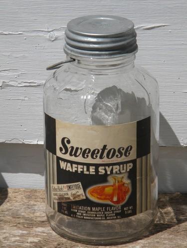 photo of old 2 qt glass storage jars w/wire handles, vintage breakfast syrup label #2