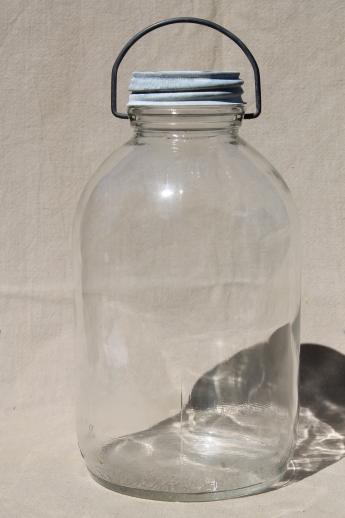 photo of old 2 qt pickle jar w/ wire bail handle, vintage canning jar or canister w/ zinc lid #1