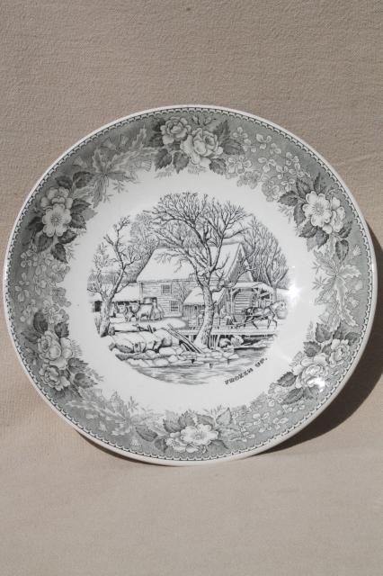 photo of old Adams England Currier & Ives print china bowl Frozen Up grey black transferware #1