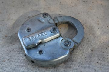 photo of old Adlake railroad lock, vintage padlock without key or chain