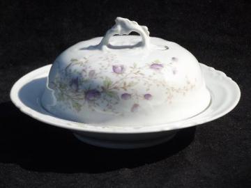 catalog photo of old Austria china round butter or cheese dish, dome cover, plate and insert