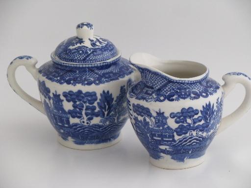 photo of old Blue Willow china cream pitcher and sugar bowl set, vintage Japan #1