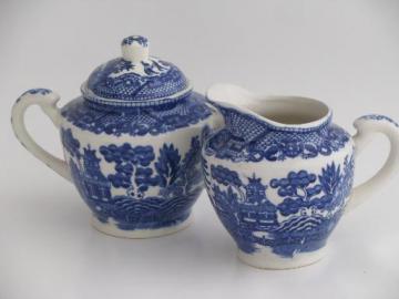 catalog photo of old Blue Willow china cream pitcher and sugar bowl set, vintage Japan