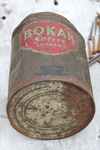 photo of old Bokar coffee can of antique square cut nails, farm primitive hardware #6