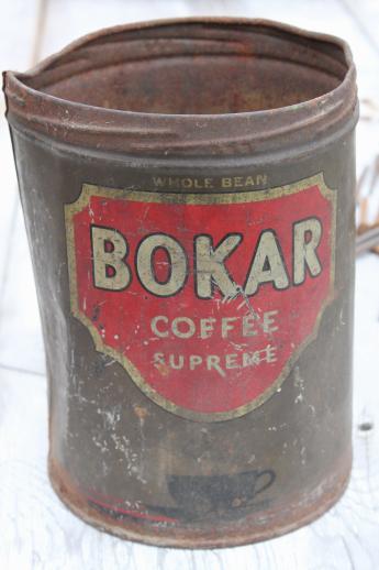 photo of old Bokar coffee can of antique square cut nails, farm primitive hardware #7