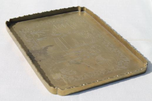 photo of old China mark solid brass tray w/ etched Chinese figures, vintage chinoiserie #5