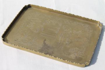 catalog photo of old China mark solid brass tray w/ etched Chinese figures, vintage chinoiserie