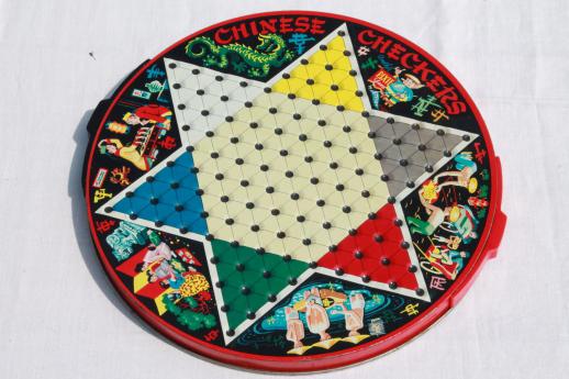 photo of old Chinese Checkers set, tin game board w/ drawers to hold pieces, vintage Pixie game #2