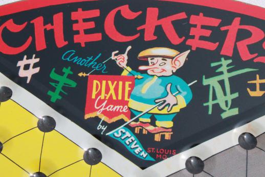 photo of old Chinese Checkers set, tin game board w/ drawers to hold pieces, vintage Pixie game #8