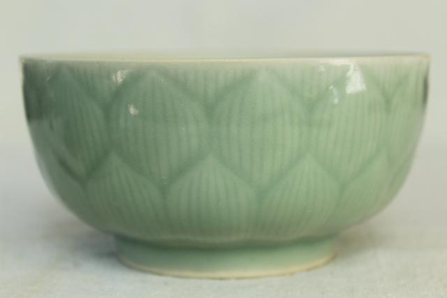photo of old Chinese celadon green lotus flower covered bowl, chop mark vintage pottery #4