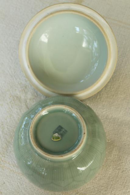 photo of old Chinese celadon green lotus flower covered bowl, chop mark vintage pottery #5