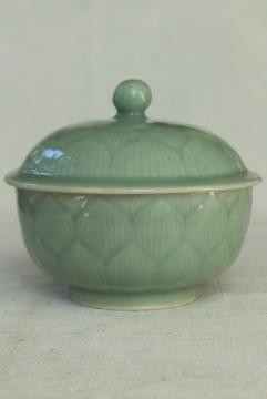 catalog photo of old Chinese celadon green lotus flower covered bowl, chop mark vintage pottery