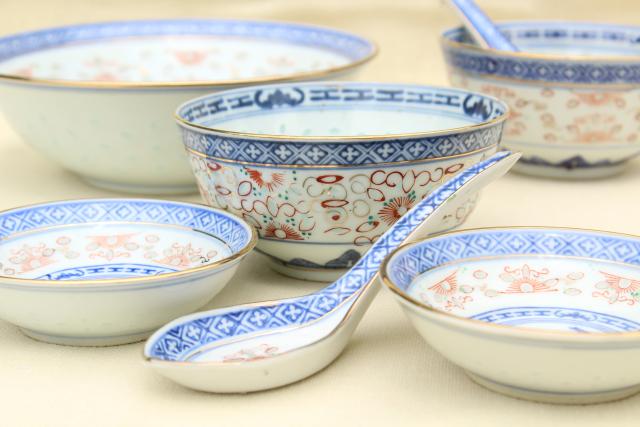 photo of old Chinese porcelain grain of rice china bowls & spoons, chop mark makers markings #1