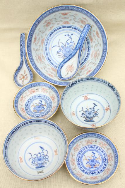 photo of old Chinese porcelain grain of rice china bowls & spoons, chop mark makers markings #8