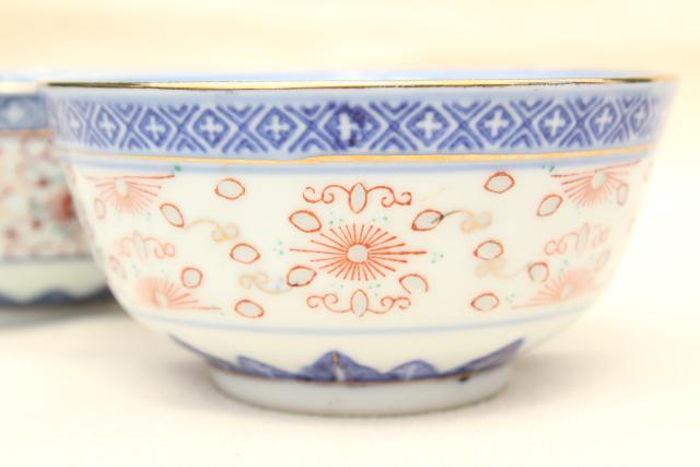 photo of old Chinese porcelain grain of rice china bowls & spoons, chop mark makers markings #15