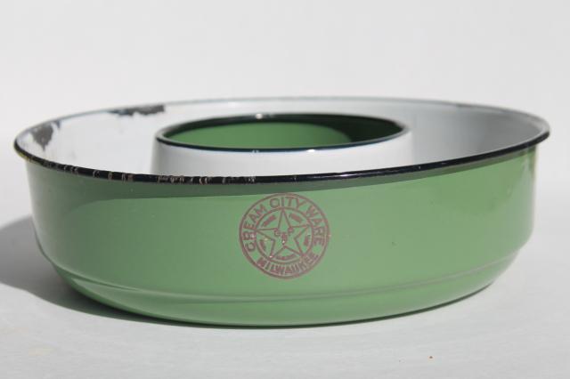 photo of old Cream City Ware enamelware, vintage metal ring mold / pan, dark green enamel #1