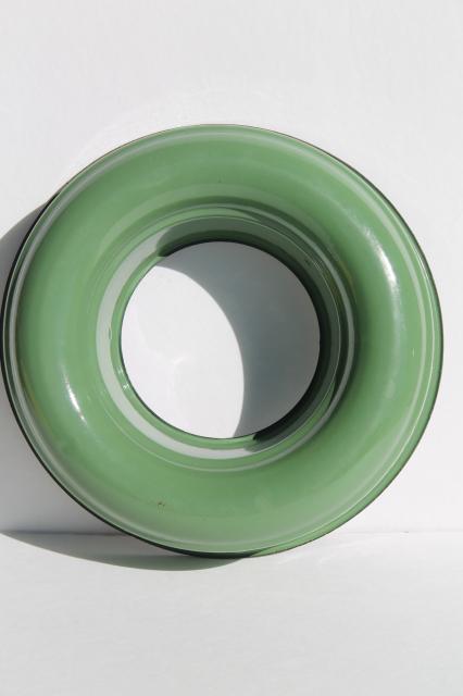 photo of old Cream City Ware enamelware, vintage metal ring mold / pan, dark green enamel #4