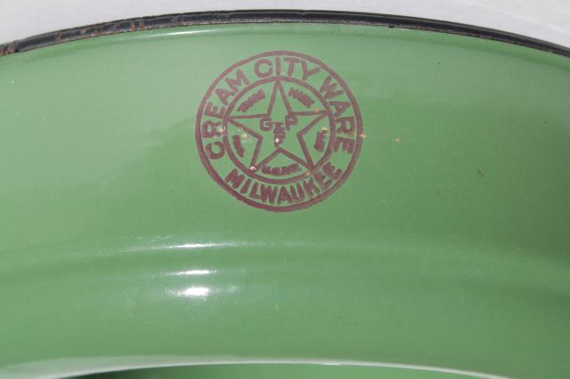 photo of old Cream City Ware enamelware, vintage metal ring mold / pan, dark green enamel #5