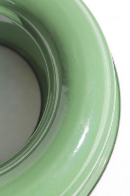 photo of old Cream City Ware enamelware, vintage metal ring mold / pan, dark green enamel #7