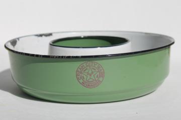 catalog photo of old Cream City Ware enamelware, vintage metal ring mold / pan, dark green enamel