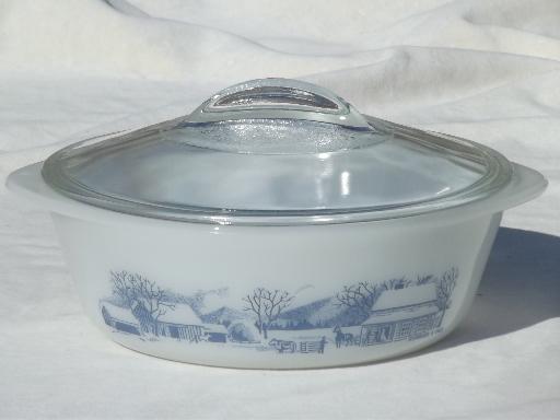 photo of old Currier & Ives blue & white Glasbake kitchen glass casserole w/ label #1