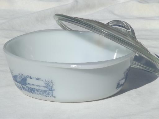 photo of old Currier & Ives blue & white Glasbake kitchen glass casserole w/ label #3
