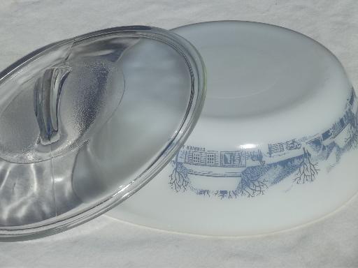 photo of old Currier & Ives blue & white Glasbake kitchen glass casserole w/ label #5